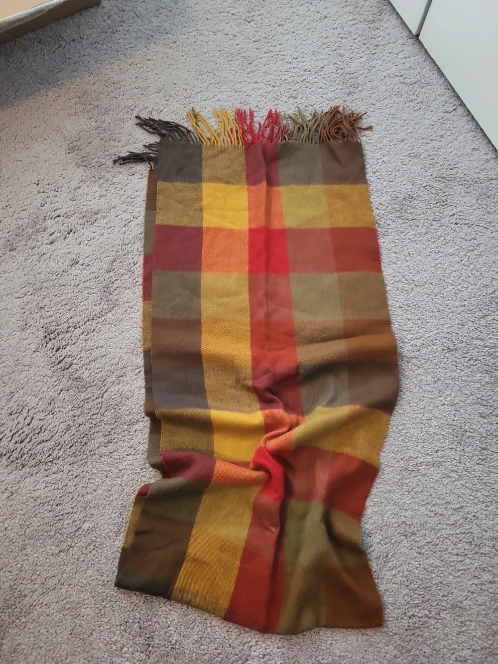 Autumn Plaid Fringe Scarf in Red, Yellow and Brown